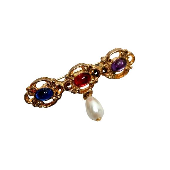 Vintage Cabochon Bar Pin Brooch Faux Pearl Drop Gold Tone VTG - Picture 4 of 16